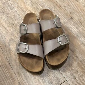 Taupe Double-Buckle Slide Sandals